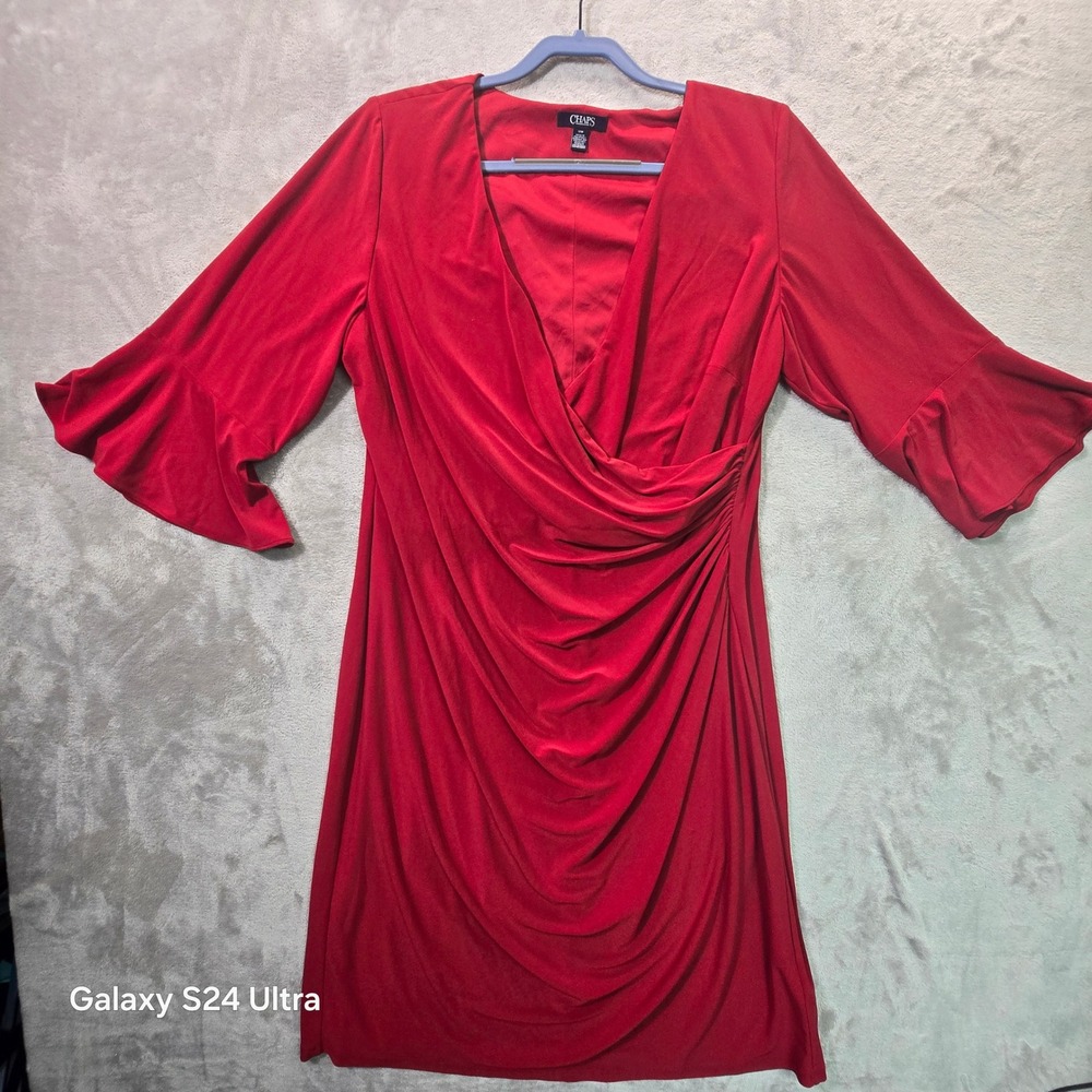 Chaps Red Faux Wrap Ruched Bell Sleeve Dress 18W RN 41381